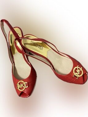 Michael Kors Red Peep-Toe Slingback Heels with Gold MK Logo